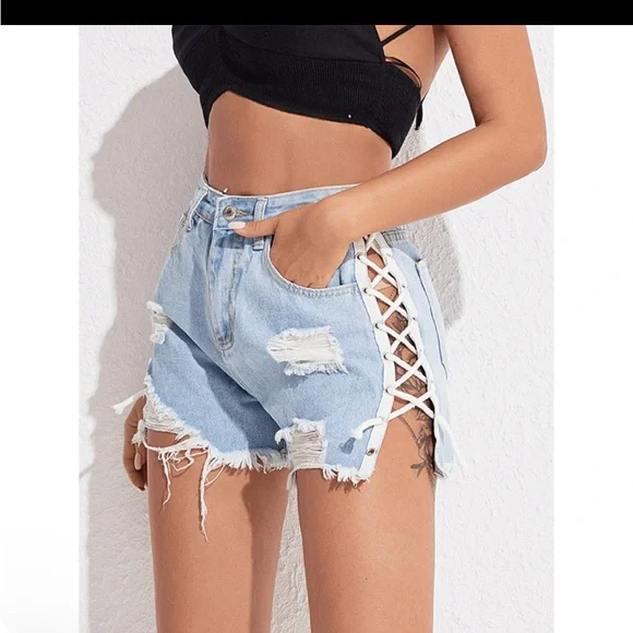 Furst Of A Kind Upcycled Vintage Lace Up High Waist Sasson Blue Denim Shorts - Picture 5 of 8